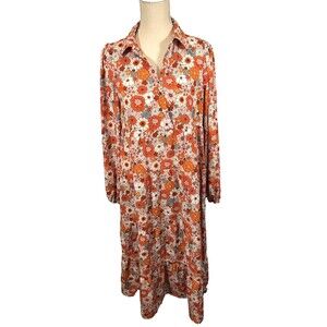 Maxi Dress Floral Tiered Size L Orange Multi Boho Hippie Flowy Peasant Fairy